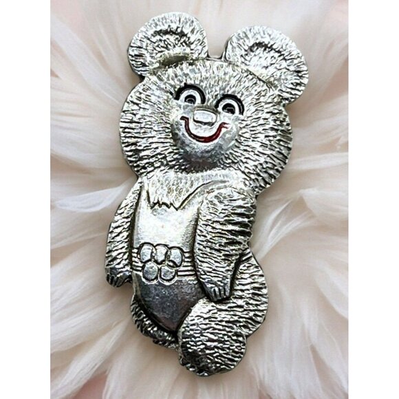 Vintage Misha Bear Pin Olympic Games Silver Tone 80s Russian Mishka Mascot - Picture 1 of 6